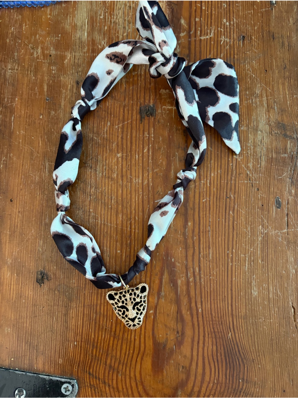 Leopard Print Scarf Necklace with Gold Filigree Accent